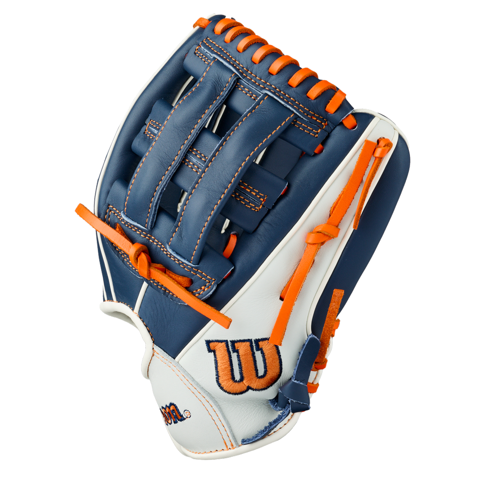 Wilson A500 10.5″ Baseball Glove: WBG08401RT105 in blue and white leather with bright orange lacing.