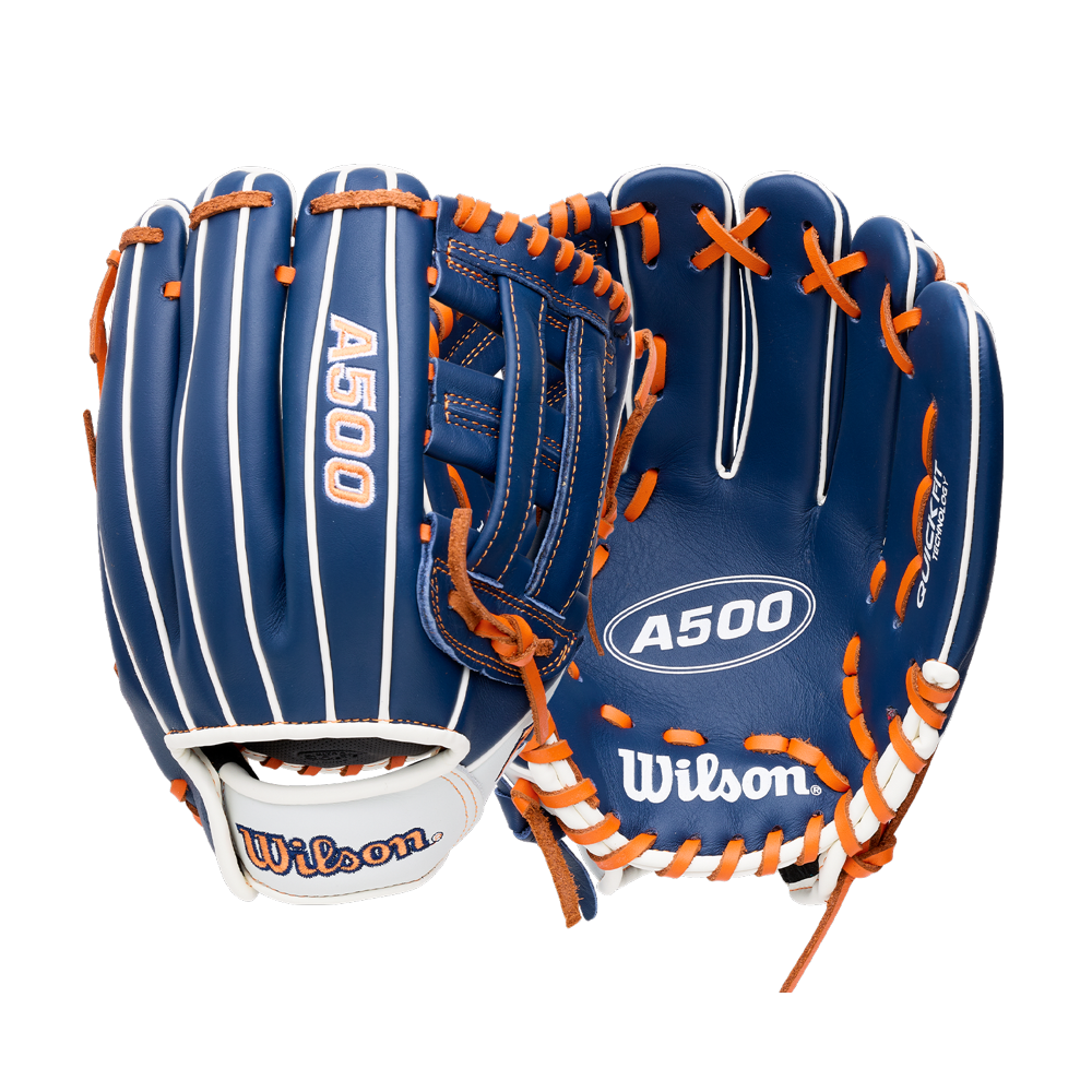 Two blue all-leather Wilson A500 10.5″ Baseball Glove: WBG08401RT105 youth baseball gloves with orange lacing and white trim.