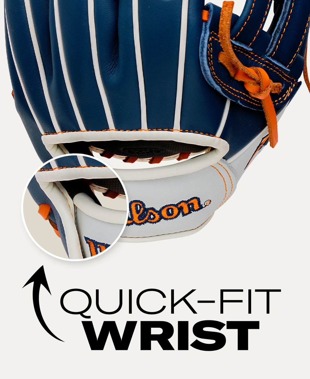 Close-up of a blue and white Wilson A500 10.5″ Baseball Glove: WBG08401RT105 youth infield glove, highlighting the quick-fit wrist opening with an inset detail and a pointing arrow.