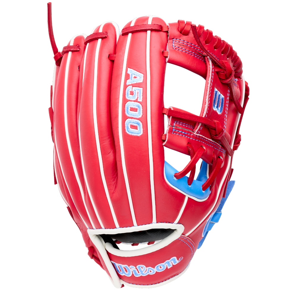 Wilson A500 11″ Baseball Glove: WBG08501RT11, a red all-leather youth infield glove with white piping, blue accents, and A500 printed on the side.