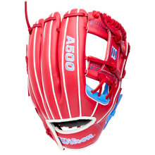 Wilson A500 11″ Baseball Glove: WBG08501RT11, a red all-leather youth infield glove with white piping, blue accents, and A500 printed on the side.