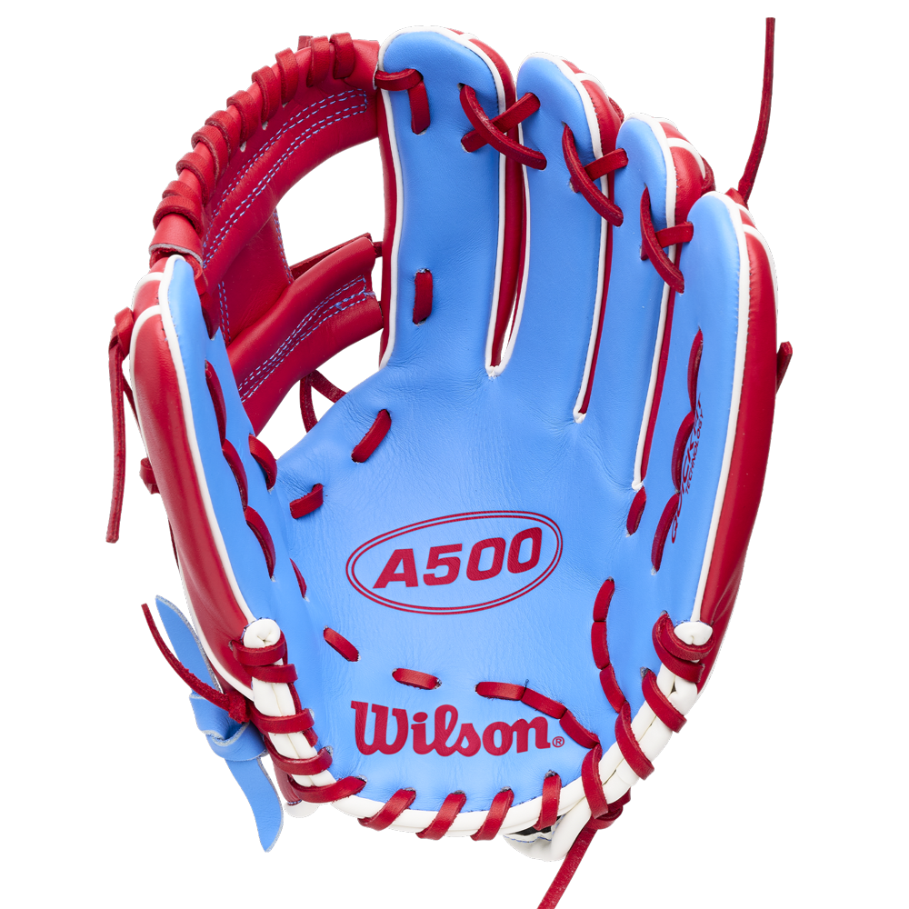 Light blue all-leather Wilson A500 11″ Baseball Glove: WBG08501RT11 with red lacing, red lettering, and a Quick Fit Wrist.