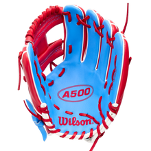 Light blue all-leather Wilson A500 11″ Baseball Glove: WBG08501RT11 with red lacing, red lettering, and a Quick Fit Wrist.