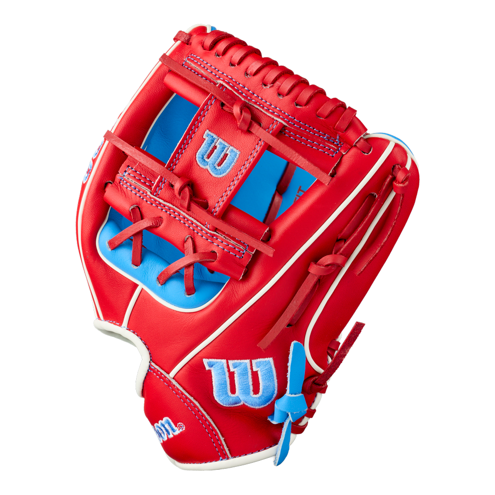 Wilson A500 11″ Baseball Glove: WBG08501RT11 in red with blue laces and light blue detailing.