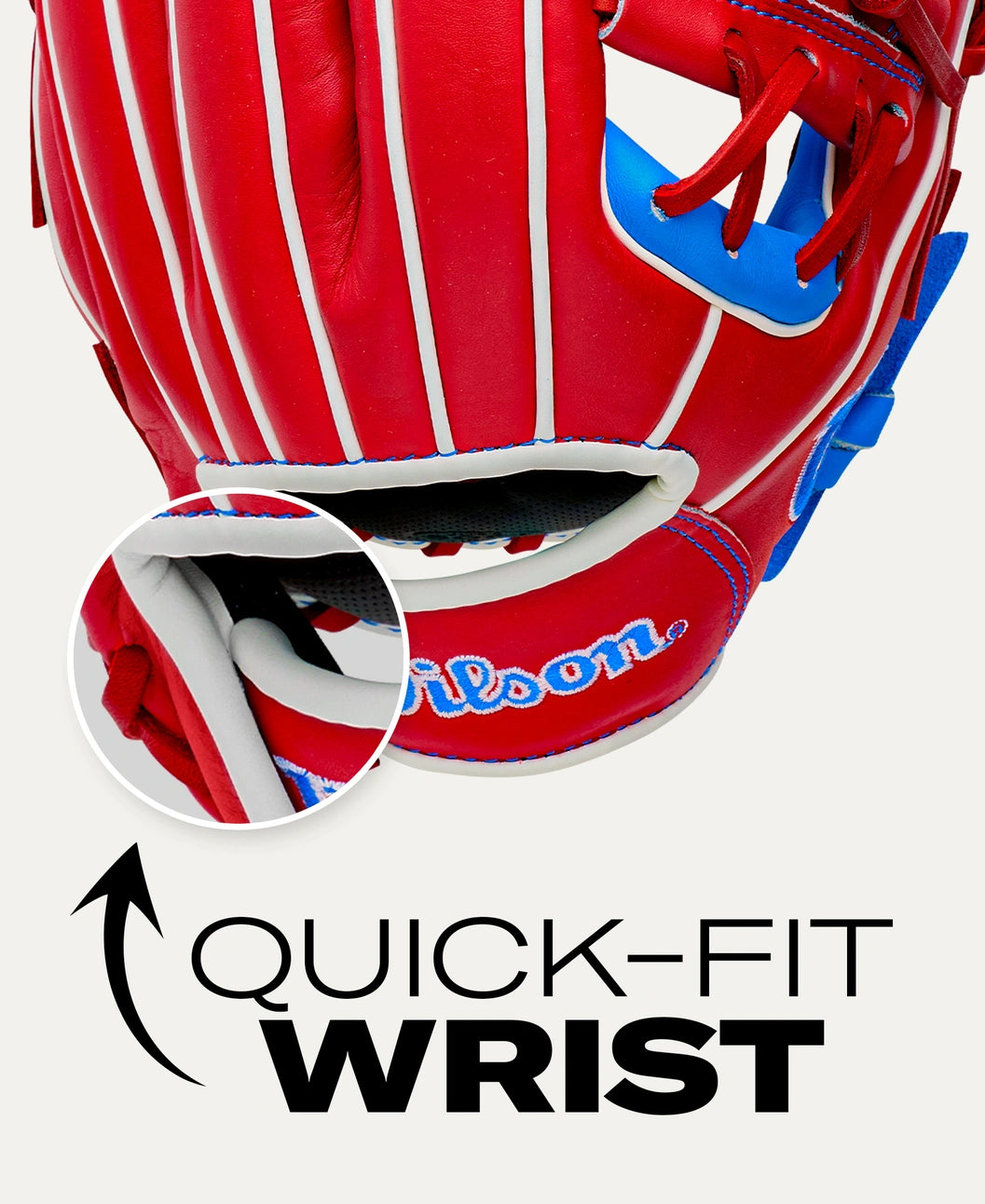 Red and blue Wilson A500 11″ Baseball Glove: WBG08501RT11 youth infield glove, showing a close-up of the interior Quick Fit Wrist strap.