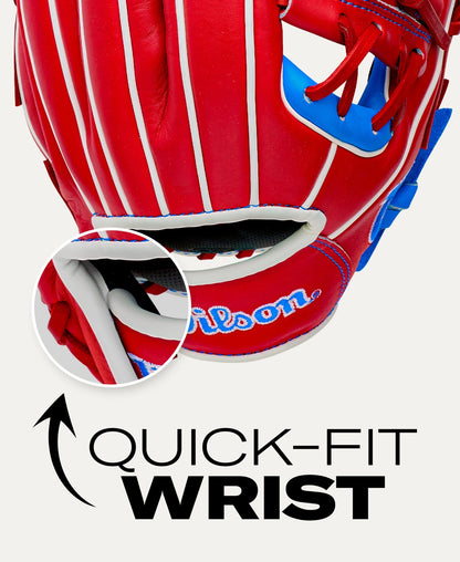 Red and blue Wilson A500 11″ Baseball Glove: WBG08501RT11 youth infield glove, showing a close-up of the interior Quick Fit Wrist strap.