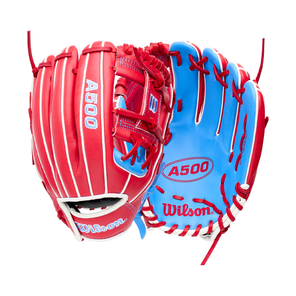 Front and back views of a red and blue Wilson A500 11″ Baseball Glove: WBG08501RT11, showing the brand logos.