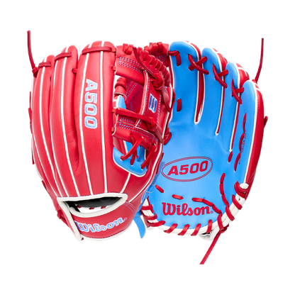 Front and back views of a red and blue Wilson A500 11″ Baseball Glove: WBG08501RT11, showing the brand logos.