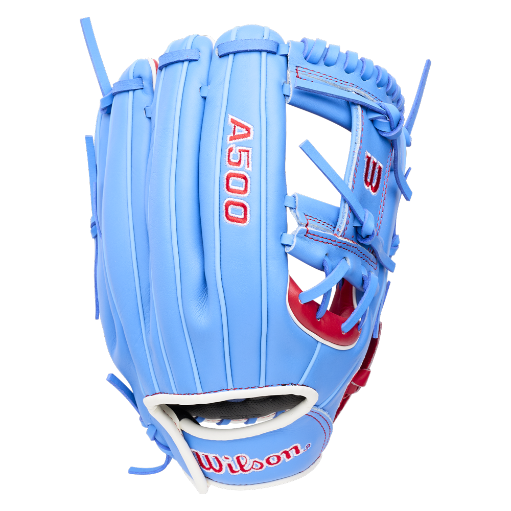 Light blue Wilson A500 11.5″ Baseball Glove: WBG08601RT115 with red accents, white text, and a quick fit wrist.