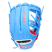 Light blue Wilson A500 11.5″ Baseball Glove: WBG08601RT115 with red accents, white text, and a quick fit wrist.