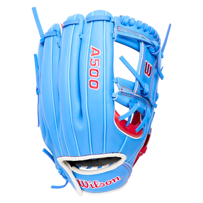 Light blue Wilson A500 11.5″ Baseball Glove: WBG08601RT115 with red accents, white text, and a quick fit wrist.