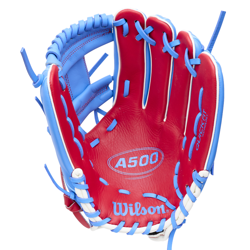 Wilson A500 11.5″ Baseball Glove: WBG08601RT115, a red and blue all-leather youth infield glove with white lacing.