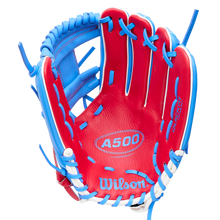 Wilson A500 11.5″ Baseball Glove: WBG08601RT115, a red and blue all-leather youth infield glove with white lacing.