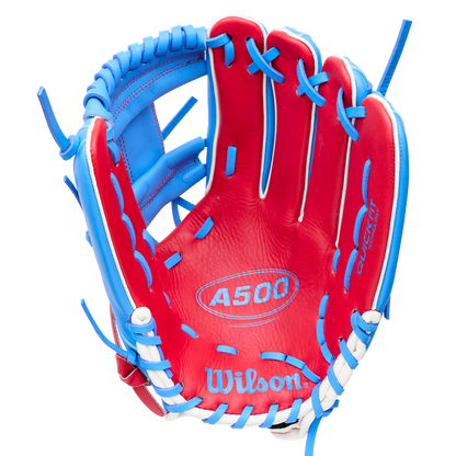 Wilson A500 11.5″ Baseball Glove: WBG08601RT115, a red and blue all-leather youth infield glove with white lacing.