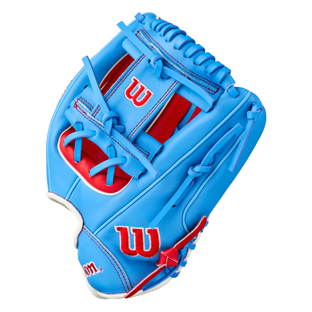 Wilson A500 11.5″ Baseball Glove: WBG08601RT115, a light blue youth infield glove with red lacing and red logos.