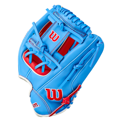 Wilson A500 11.5″ Baseball Glove: WBG08601RT115, a light blue youth infield glove with red lacing and red logos.