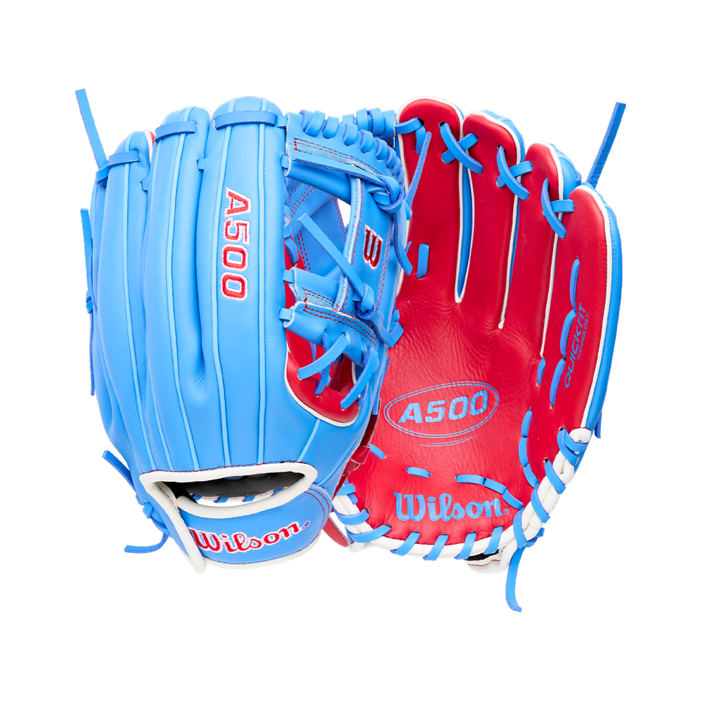 Light blue and red Wilson A500 11.5″ Baseball Glove: WBG08601RT115 youth infield glove with white laces and a quick fit wrist.