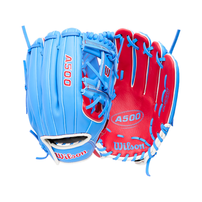 Light blue and red Wilson A500 11.5″ Baseball Glove: WBG08601RT115 youth infield glove with white laces and a quick fit wrist.