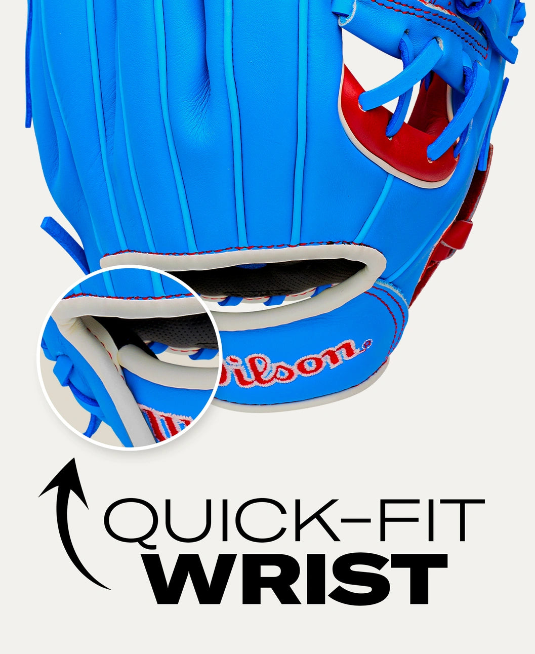 Bright blue Wilson A500 11.5″ Baseball Glove: WBG08601RT115 featuring a close-up inset of the adjustable wrist opening with the text QUICK-FIT WRIST below.