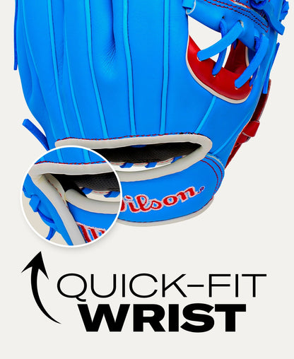 Bright blue Wilson A500 11.5″ Baseball Glove: WBG08601RT115 featuring a close-up inset of the adjustable wrist opening with the text QUICK-FIT WRIST below.