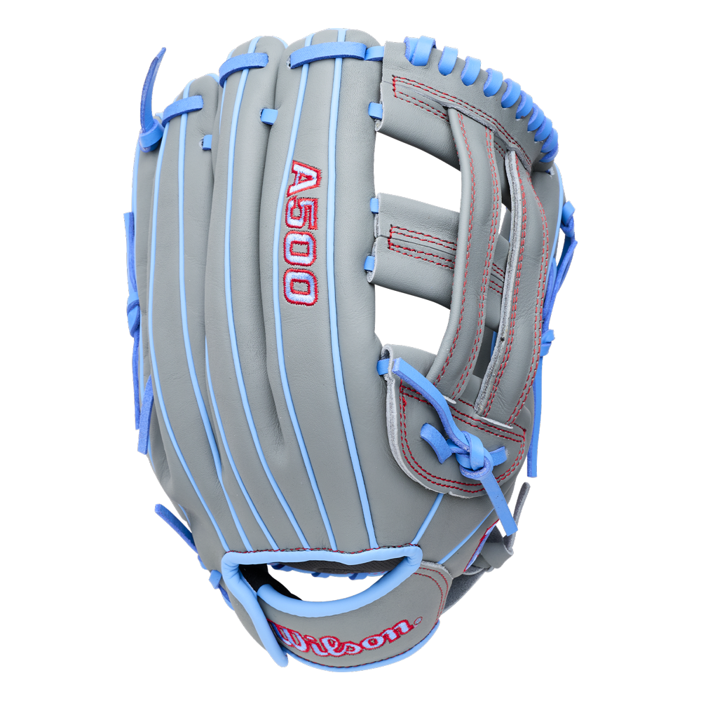 Gray Wilson A500 12″ Baseball Glove: WBG08701RT12 with light blue lacing, red stitching, A500 palm text, and a quick fit wrist strap.