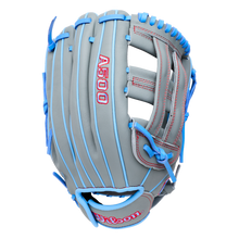 Gray Wilson A500 12″ Baseball Glove: WBG08701RT12 with light blue lacing, red stitching, A500 palm text, and a quick fit wrist strap.