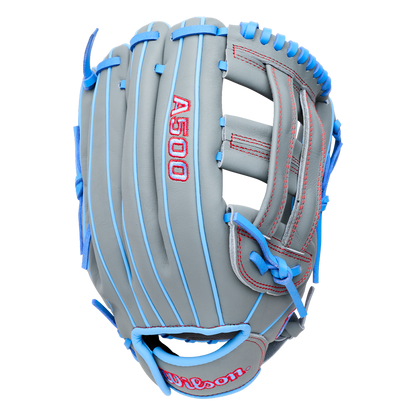 Gray Wilson A500 12″ Baseball Glove: WBG08701RT12 with light blue lacing, red stitching, A500 palm text, and a quick fit wrist strap.