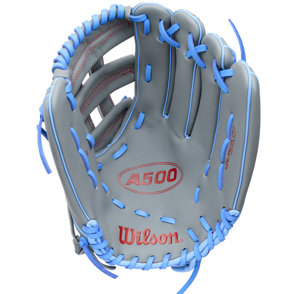 Wilson A500 12″ Baseball Glove: WBG08701RT12, a grey 12-inch youth baseball glove with bright blue lacing, red stitching accents, and a quick fit wrist strap.