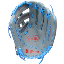 Wilson A500 12″ Baseball Glove: WBG08701RT12, a grey 12-inch youth baseball glove with bright blue lacing, red stitching accents, and a quick fit wrist strap.