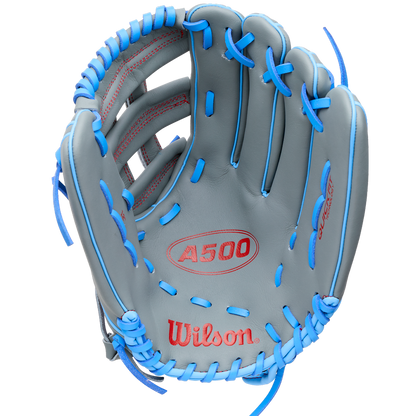 Wilson A500 12″ Baseball Glove: WBG08701RT12, a grey 12-inch youth baseball glove with bright blue lacing, red stitching accents, and a quick fit wrist strap.