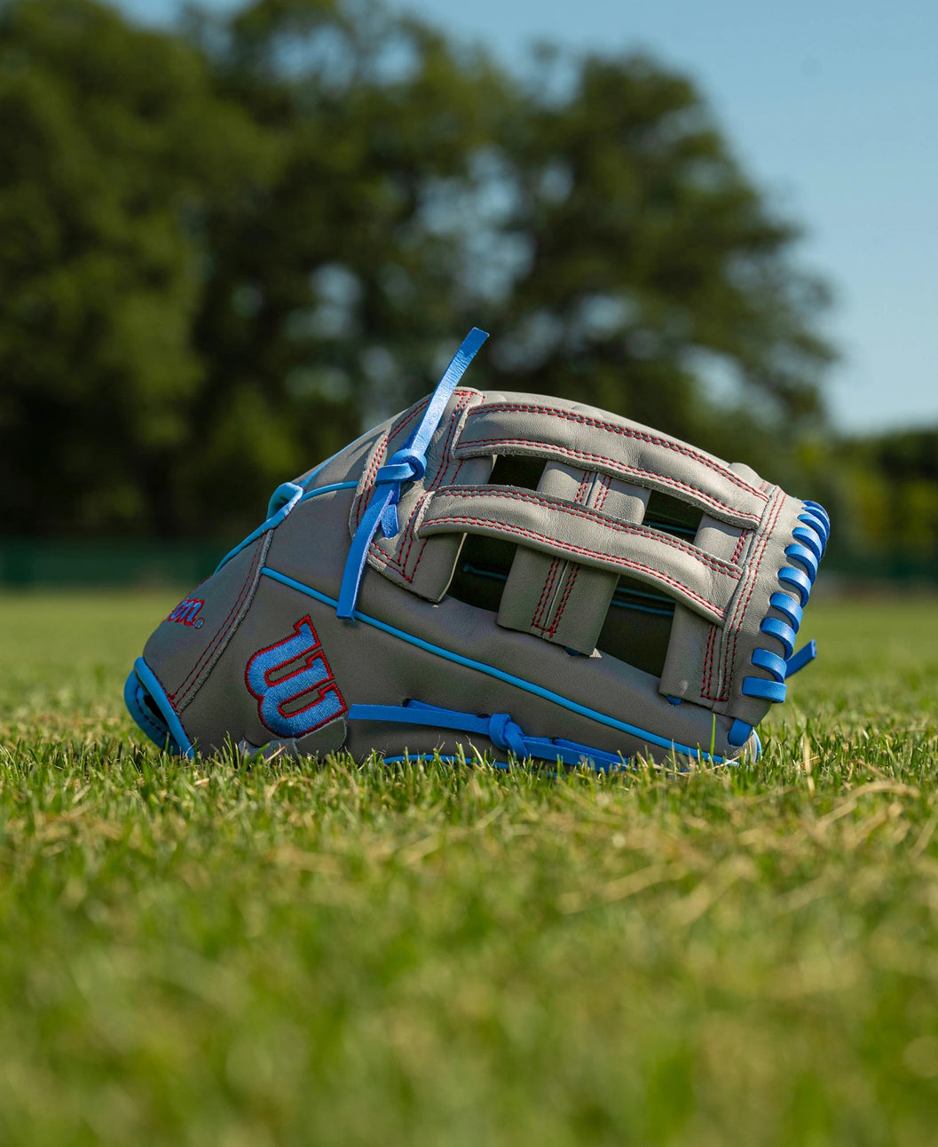 Wilson A500 12″ Baseball Glove: WBG08701RT12, a grey youth baseball glove with bright blue lacing, red stitching, and a quick fit wrist strap, sitting on a grassy field.