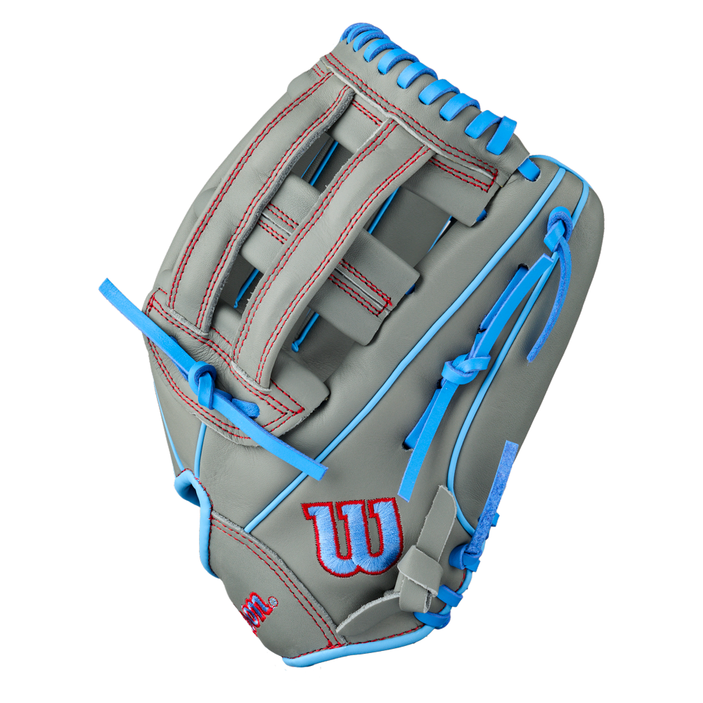 Gray Wilson A500 12″ Baseball Glove: WBG08701RT12 with bright blue lacing, red stitching, and a quick fit wrist strap.
