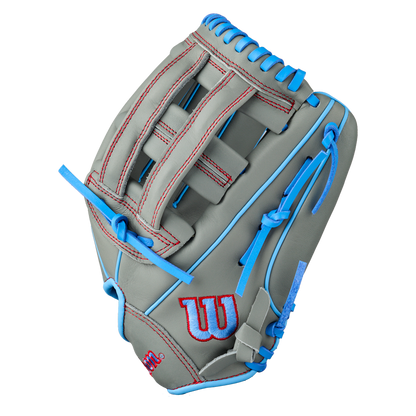 Gray Wilson A500 12″ Baseball Glove: WBG08701RT12 with bright blue lacing, red stitching, and a quick fit wrist strap.