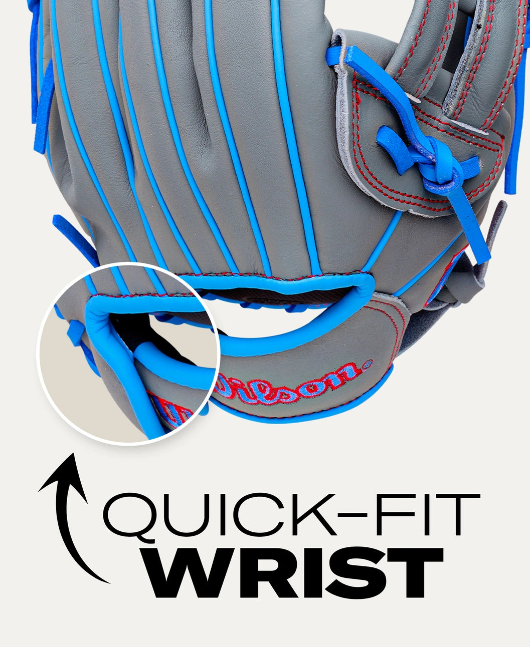 Wilson A500 12″ Baseball Glove: WBG08701RT12, a gray youth glove with blue piping and red stitching, featuring a zoomed-in circle showing the quick-fit wrist strap.