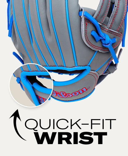 Wilson A500 12″ Baseball Glove: WBG08701RT12, a gray youth glove with blue piping and red stitching, featuring a zoomed-in circle showing the quick-fit wrist strap.