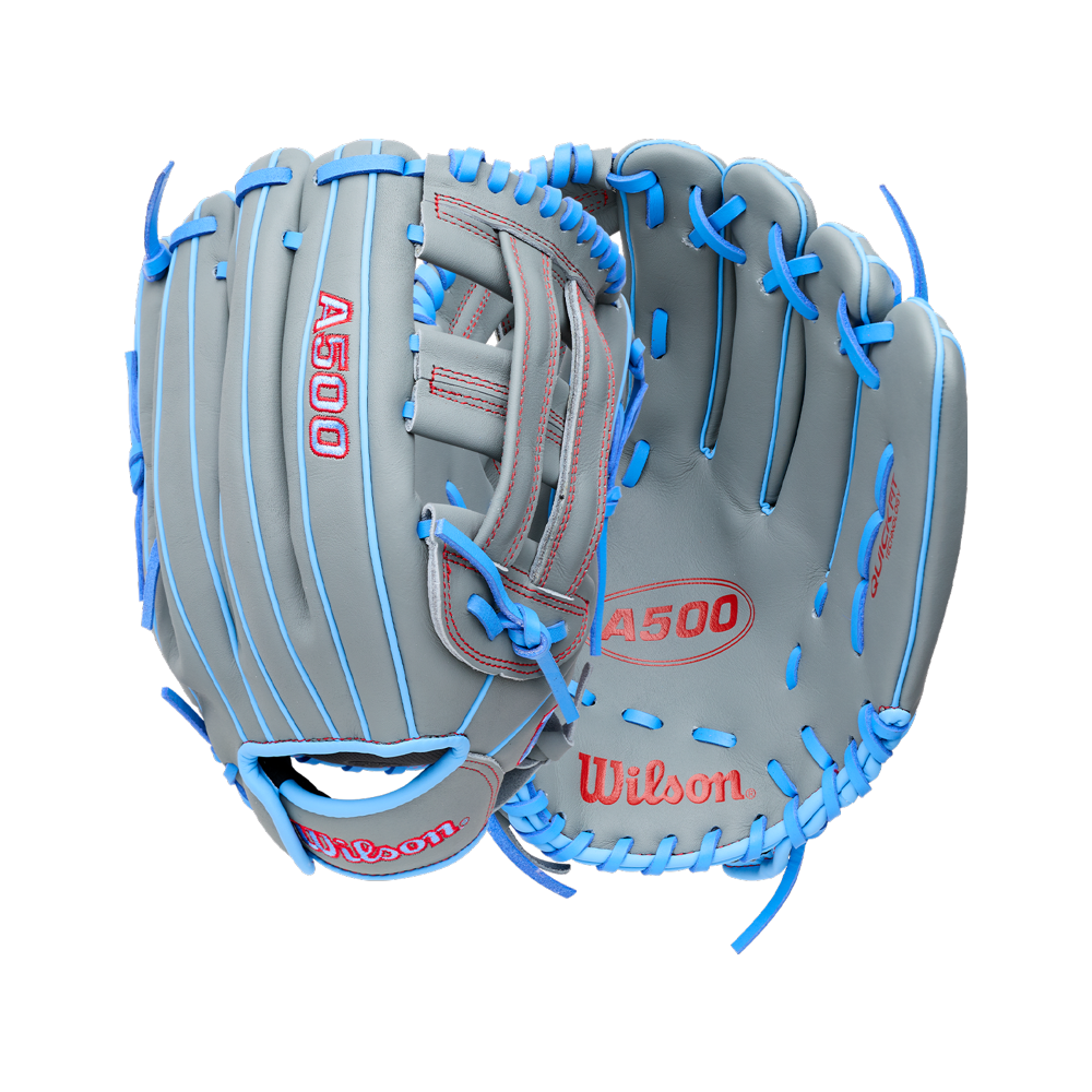 Wilson A500 12″ Baseball Glove (WBG08701RT12) in gray with bright blue lacing, red lettering, and a quick fit wrist strap.