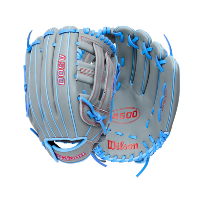 Wilson A500 12″ Baseball Glove (WBG08701RT12) in gray with bright blue lacing, red lettering, and a quick fit wrist strap.