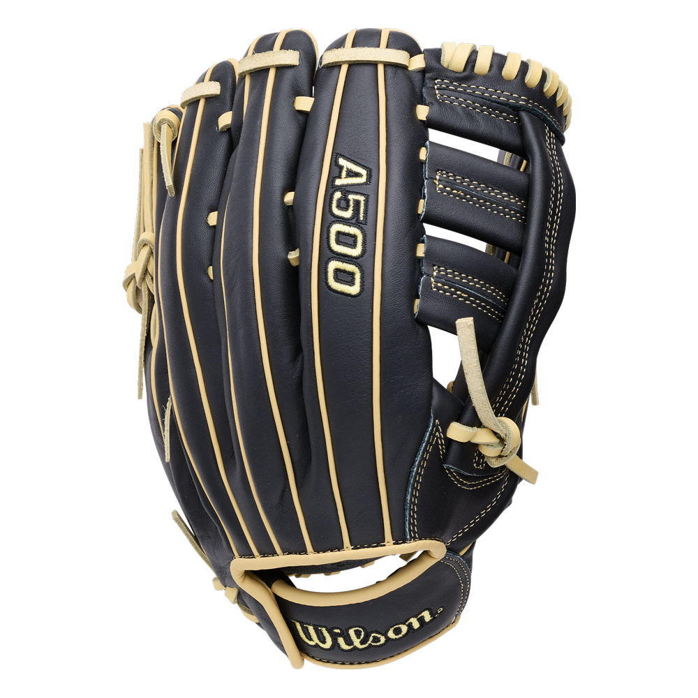 Wilson A500 12.5″ Baseball Glove: WBG08801RT125 for youth, in black with light tan lacing and piping, featuring A500 text on the back and a logo on the quick fit wrist strap.