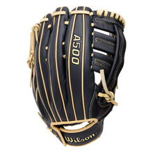 Wilson A500 12.5″ Baseball Glove: WBG08801RT125 for youth, in black with light tan lacing and piping, featuring A500 text on the back and a logo on the quick fit wrist strap.