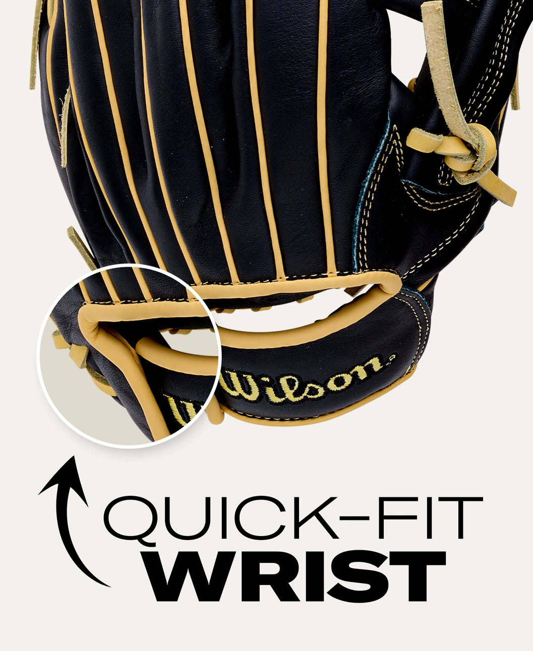 Wilson A500 12.5″ Baseball Glove: WBG08801RT125, a black youth outfield glove with tan piping and lacing, featuring a circular inset highlighting the Quick-Fit wrist strap design.