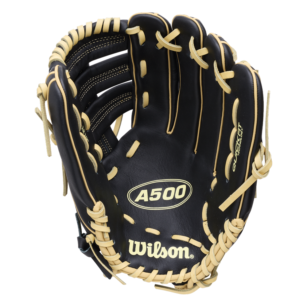 Black Wilson A500 12.5″ Baseball Glove: WBG08801RT125 with tan lacing, featuring the text A500 and Quick Fit Technology printed on the palm.