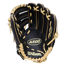 Black Wilson A500 12.5″ Baseball Glove: WBG08801RT125 with tan lacing, featuring the text A500 and Quick Fit Technology printed on the palm.
