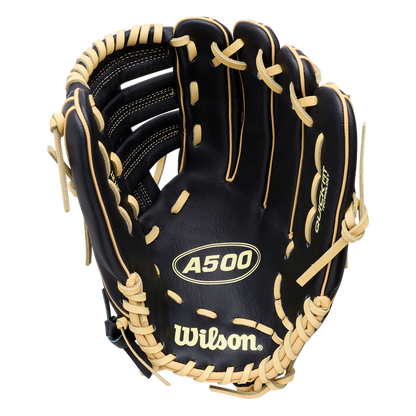 Black Wilson A500 12.5″ Baseball Glove: WBG08801RT125 with tan lacing, featuring the text A500 and Quick Fit Technology printed on the palm.