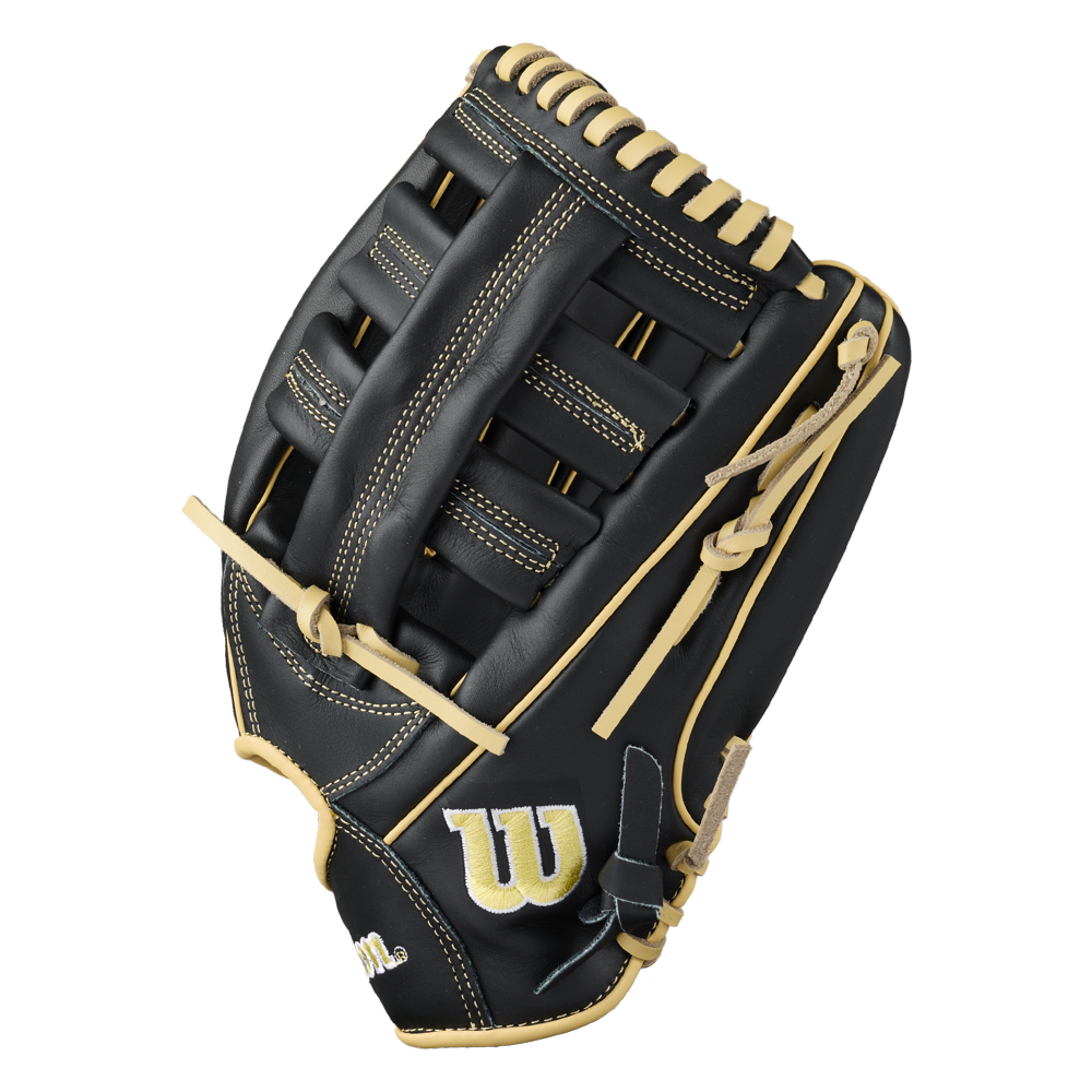 Wilson A500 12.5″ Baseball Glove: WBG08801RT125, a black leather youth outfield glove with tan lacing and a yellow logo on the wrist strap.