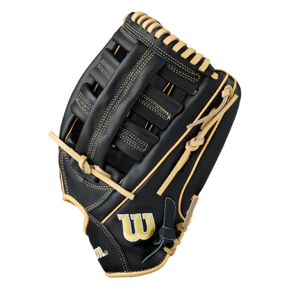 Wilson A500 12.5″ Baseball Glove: WBG08801RT125, a black leather youth outfield glove with tan lacing and a yellow logo on the wrist strap.