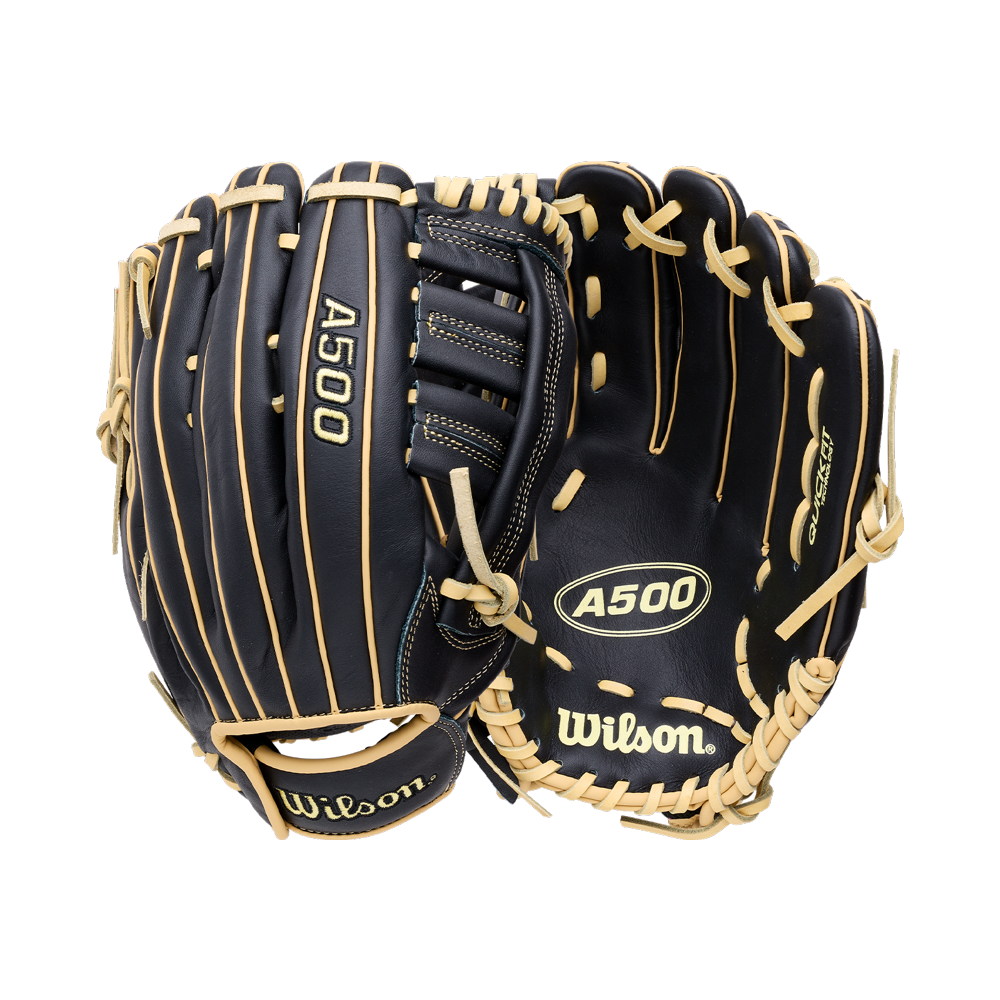 Front and back views of a black Wilson A500 12.5″ Baseball Glove: WBG08801RT125 with light tan lacing.