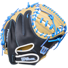 Wilson A500 32″ Baseball Catcher’s Mitt: WBG08901RT32 in tan and black with bright blue lacing and a quick fit wrist.