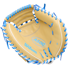 Tan Wilson A500 32″ Baseball Catcher’s Mitt: WBG08901RT32 with bright blue lacing and a quick fit wrist.