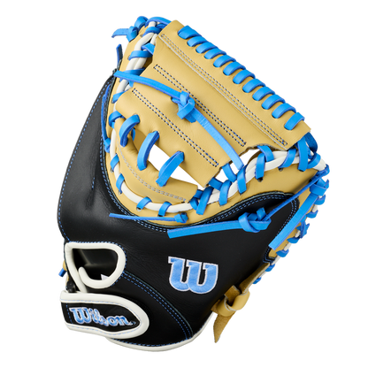 Wilson A500 32″ Baseball Catcher’s Mitt: WBG08901RT32 in tan, black, and bright blue with a woven web design and quick fit wrist.