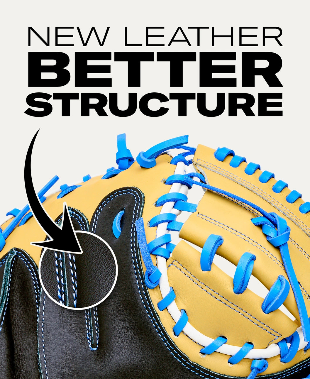 Tan and black Wilson A500 32″ Baseball Catcher’s Mitt: WBG08901RT32 with blue lacing, showing a magnified circular inset of the stitching and leather texture under the text NEW LEATHER BETTER STRUCTURE.